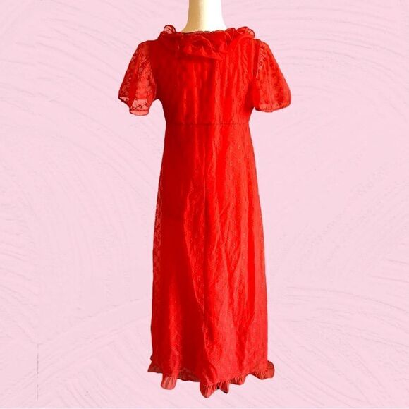Vintage 60s bright red ruffled maxi gown - Picture 5 of 14